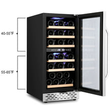 Load image into Gallery viewer, 15 Inch Wine Cooler 32 Bottle Dual Zone Wine Refrigerator With Stainless Steel Tempered Glass Door,Temperature Memory,LED Display 6706RR
