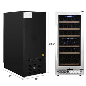 15 Inch Wine Cooler 32 Bottle Dual Zone Wine Refrigerator With Stainless Steel Tempered Glass Door,Temperature Memory,LED Display 6706RR