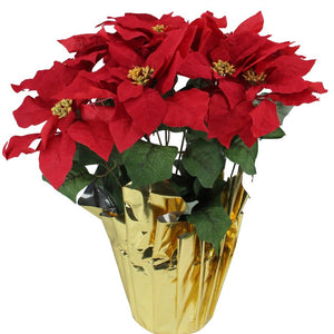 22" H x 10.75" W x 10.75" D 16.5" Red Artificial Christmas Poinsettia Arrangement With Gold Wrapped Pot