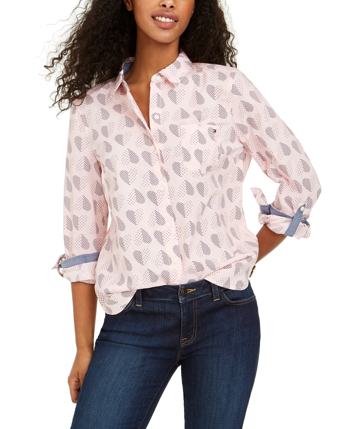 Women's Plus Size Tommy Hilfiger Cotton Polka-Heart Roll-Sleeve Shirt