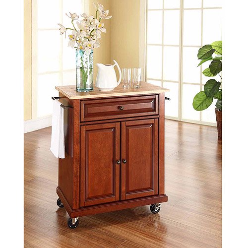 Crosley Furniture Natural Wood Top Portable Kitchen Cart Cherry 735CDR