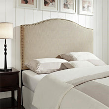 Load image into Gallery viewer, Camelback Nailhead Trim Queen Fabric Upholstered Panel Headboard in Linen Beige
