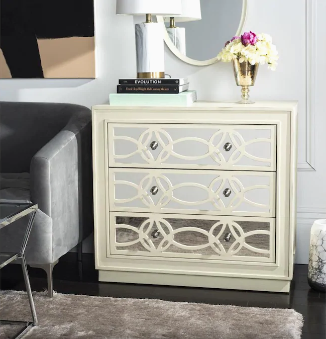 Safavieh Catalina Antique Beige/Nickel/Mirror Acacia 3-Drawer Chest
