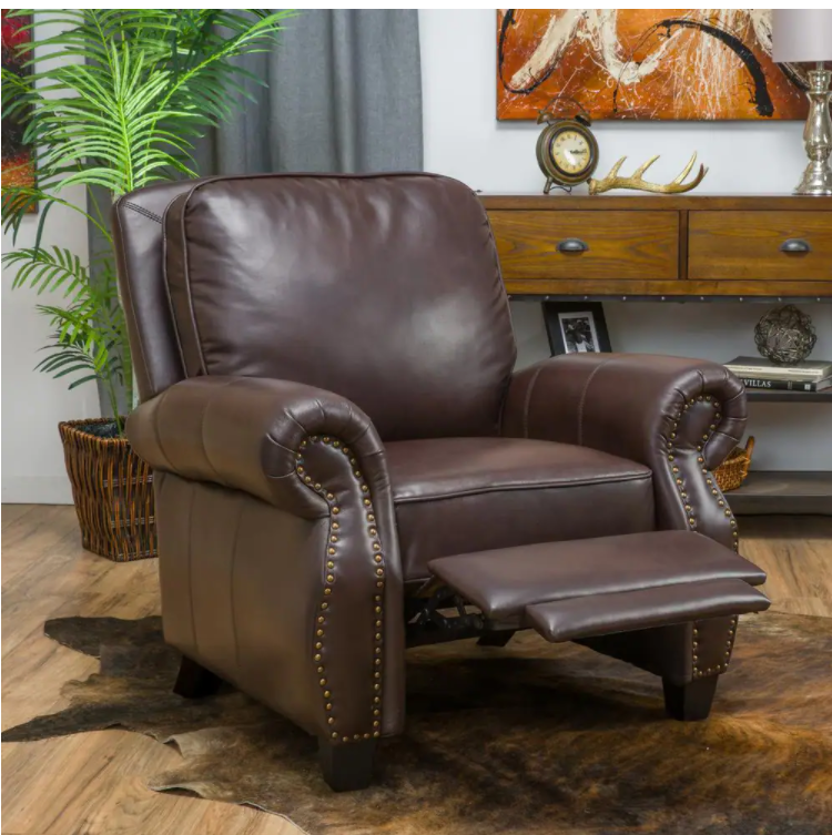 Neville 37 in. Width Big and Tall Brown Faux Leather Nailhead Trim Club Recliner