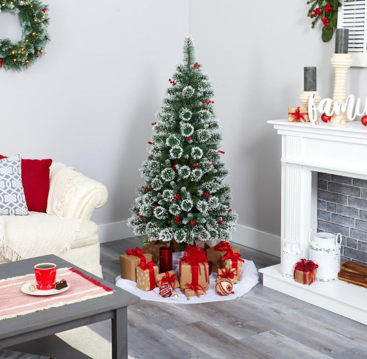 5 ft. Pre-Lit Frosted Swiss Pine Artificial Christmas Tree with 200 Clear LED Lights and Berries