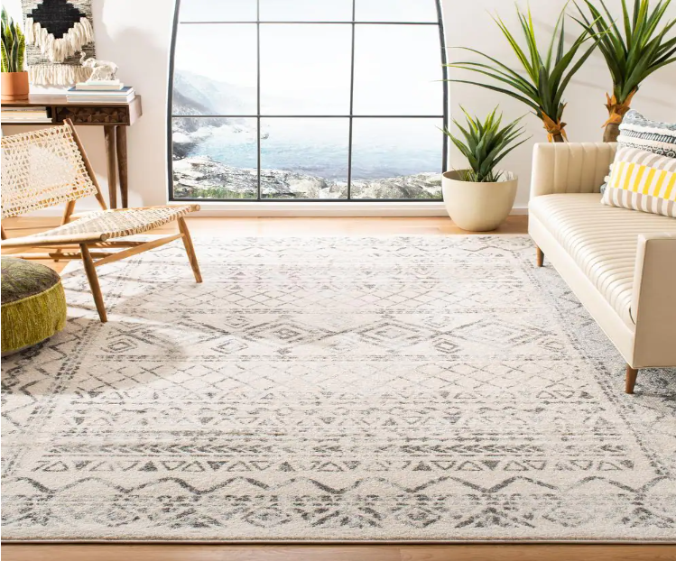 Tulum Ivory/Gray 9 ft. x 12 ft. Border Tribal Distressed Area Rug