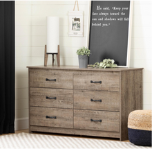 Load image into Gallery viewer, Tassio 6-Drawer Weathered Oak Dresser 31.25 i.n H x 52 in. W x 19 in. L

