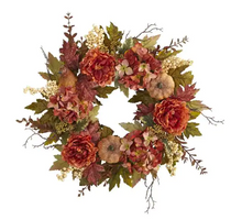 Load image into Gallery viewer, 24 in. Fall Peony, Hydrangea and Pumpkin Artificial Wreath
