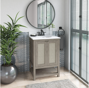 24 in. Bath Vanity in Barstow Acacia with Coastal Linen Doors and Vanity Top in White Stone with Basin