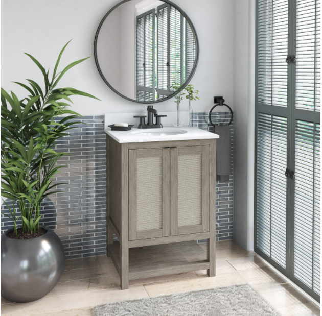 24 in. Bath Vanity in Barstow Acacia with Coastal Linen Doors and Vanity Top in White Stone with Basin
