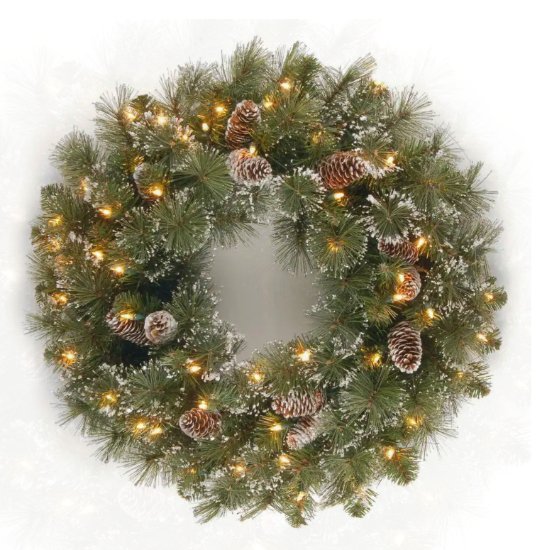 24 in. Glittery Pine Artificial Wreath with Clear Lights