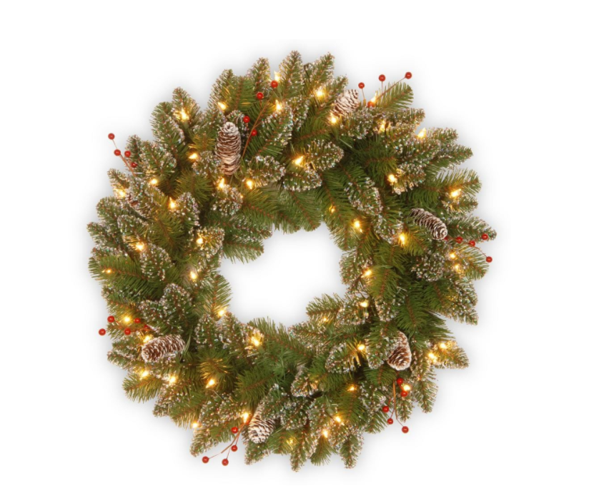 Glittery Mountain Spruce 24 in. Artificial Wreath with Battery Operated Warm White LED Lights