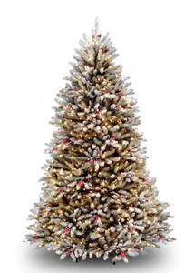 7 ft. Dunhill Fir Hinged Tree with Snow, Red Berries, Cones and Clear Lights