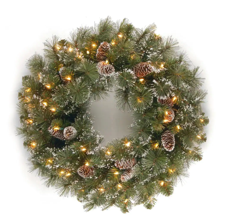 24 in. Glittery Pine Artificial Wreath with Clear Lights