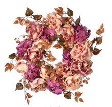 Load image into Gallery viewer, 24 in. Artificial Harvest Wreath with Peony, Hydrangeas and Berries
