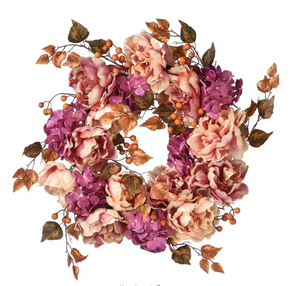 24 in. Artificial Harvest Wreath with Peony, Hydrangeas and Berries