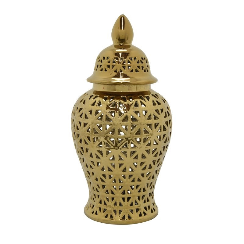 Plutus Modern Pierced Ceramic Jar in Gold 13