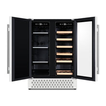 Load image into Gallery viewer, 23.43&quot; 18 Bottle and 57 Can Wine and Beverage Lovers Collection Dual Zone Built-In Wine &amp; Beverage Refrigerator in Stainless Steel
