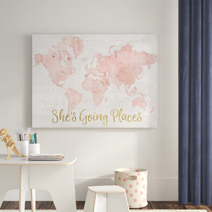 35" H x 47" W x 2" D Ivory/Pink 'Across the World She's Going Places Pink' Textual Art on Wrapped C 7709