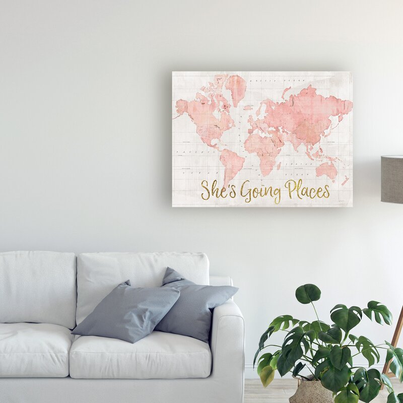 'Across the World She's Going Places' Pink Wrapped Canvas Painting 14