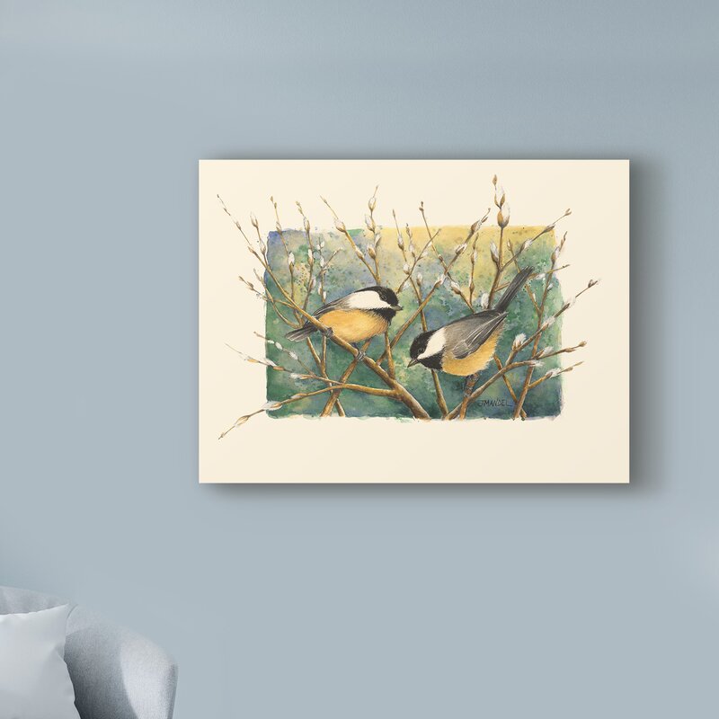 'Chickadees and Pussy Willow' Acrylic Painting Print on Wrapped Canvas #AD199