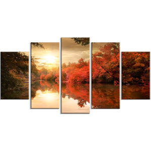 'Colorful Fall Sunset over River' 5 Piece Photographic Print on Wrapped Canvas Set 7791