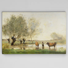 Load image into Gallery viewer, 32&quot; H x 48&quot; W x 1.5&quot; D Green/Blue/Gray/Brown/Gold &#39;Cows in Landscape&#39; - Picture Frame Print MRM979
