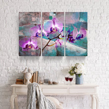 Load image into Gallery viewer, 40&quot; H x 60&quot; W x 1.5&quot; D Teal/Purple/Gray &#39;Painted Petals XIX&#39; - 3 Piece Wrapped Canvas Print Set (SB6)
