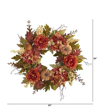 Load image into Gallery viewer, 24 in. Fall Peony, Hydrangea and Pumpkin Artificial Wreath

