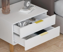Load image into Gallery viewer, 2-Drawer White Wooden Nightstand Bedside Table with 4-Gold Metal Legs 15.7 in. D x 19.7 in. W x 17.9 in. H
