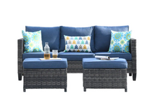 Load image into Gallery viewer, Megon Holly Gray Loveseat Patio Conversation Seating Sofa with Denim Blue Cushions and 2 ottomans only
