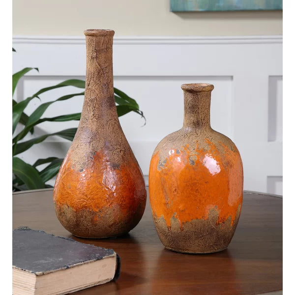 2 Piece Brazelton Rust Brown/ Bright Orange Ceramic Table Vase Set