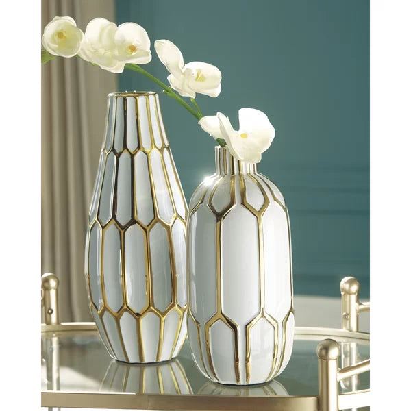 2 Piece Cayd White/Gold Indoor / Outdoor Ceramic Table Vase Set