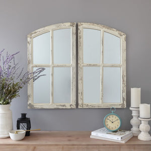 27" x 32" White 2 Piece Kissena Window Pane Farmhouse / Country Distressed Accent Mirror Set