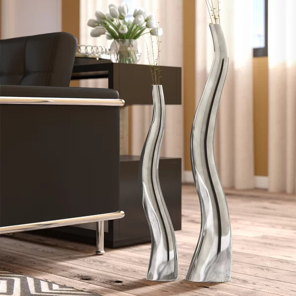 2 Piece Silver Indoor / Outdoor Aluminum Floor Vase Set, 32 x 6 x 3.5