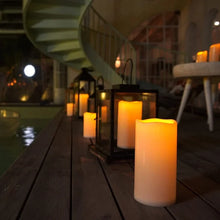 Load image into Gallery viewer, 10&quot; H x 4&quot; W x 4&quot; D 2 Piecer Waterproof Outdoor Flameless Pillar Candles With Remote And Timers (Warm Yellow Light) (Set of 2)
