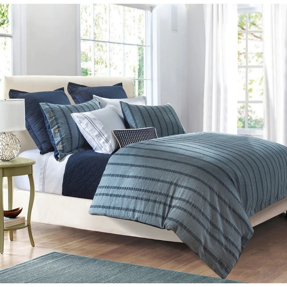 3 Pc Harper Stripe Duvet Set, Super Queen Blue, EC1147