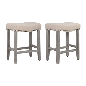 24" Inch Upholstered Saddle Seat Bar Stool (Set of 2), Antique Gray/Beige
