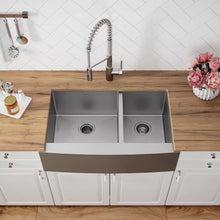 Load image into Gallery viewer, 36&quot; L x 21&quot; W Double Basin Farmhouse Kitchen Sink with Basket Strainer
