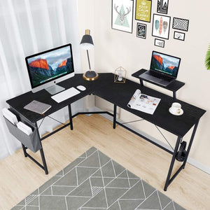 LUDOSPORT L Shaped Office Computer Desk with Storage Bag & Monitor Stand, Black