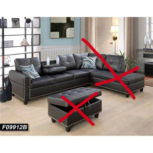 Beverly Fine Funiture F09912B Sectional Couch Sofa Set with Ottoman Right Facing Build-in Coffee Table Black Faux Leather - 3 Piece 7455RR