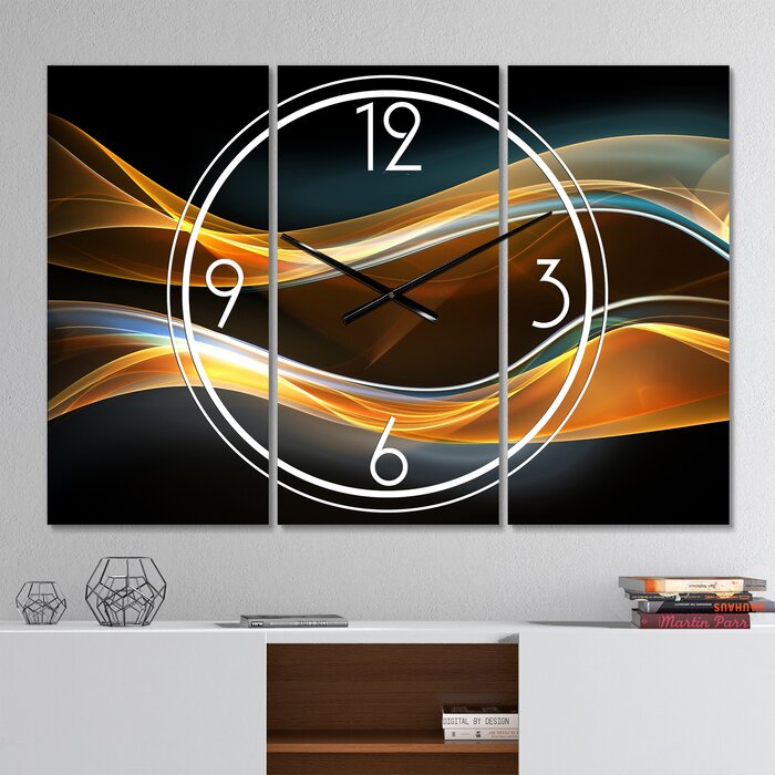 3D Gold Waves in Black - Modern wall clock