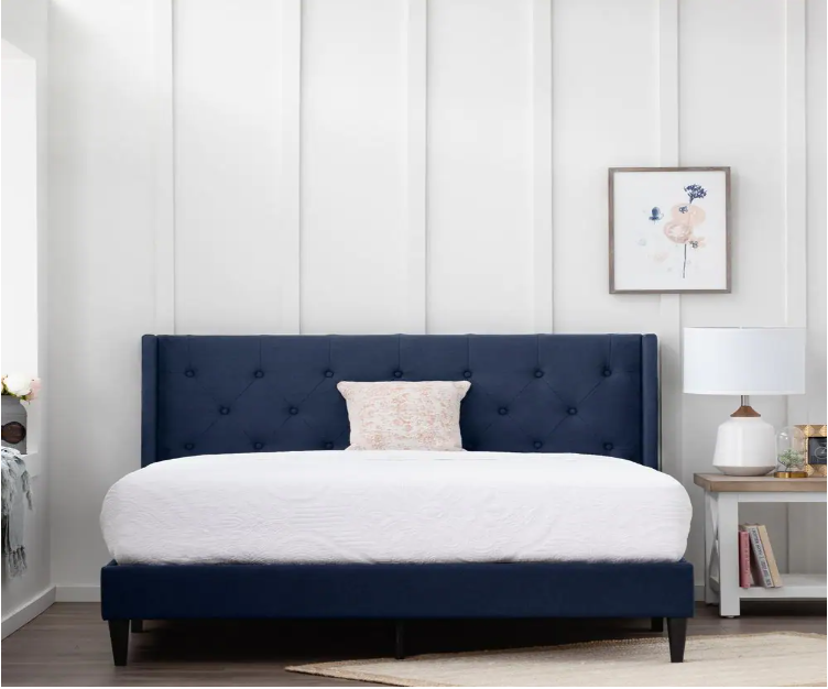 Isabelle Upholstered Navy King Wingback Diamond Tufted Platform Bed