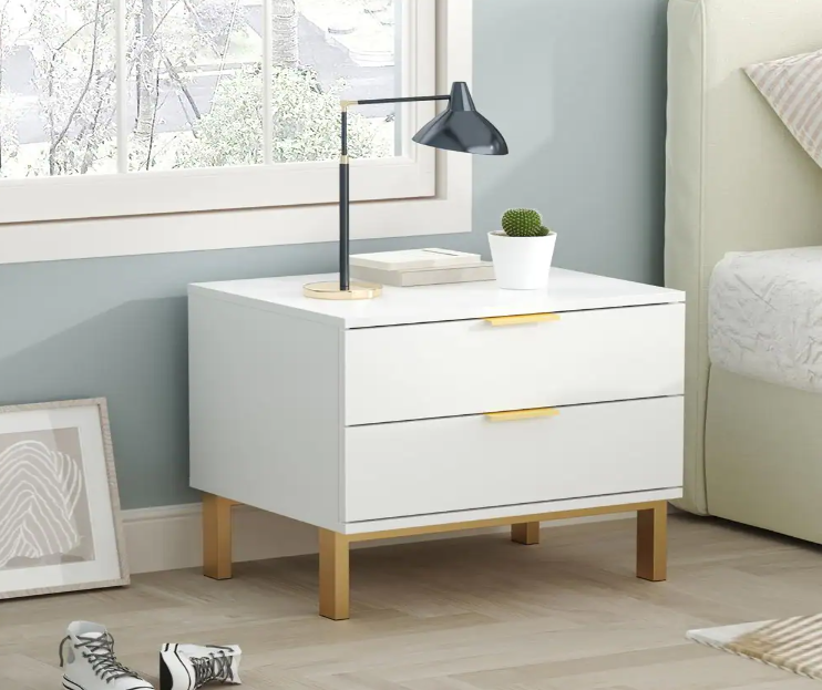 2-Drawer White Wooden Nightstand Bedside Table with 4-Gold Metal Legs 15.7 in. D x 19.7 in. W x 17.9 in. H