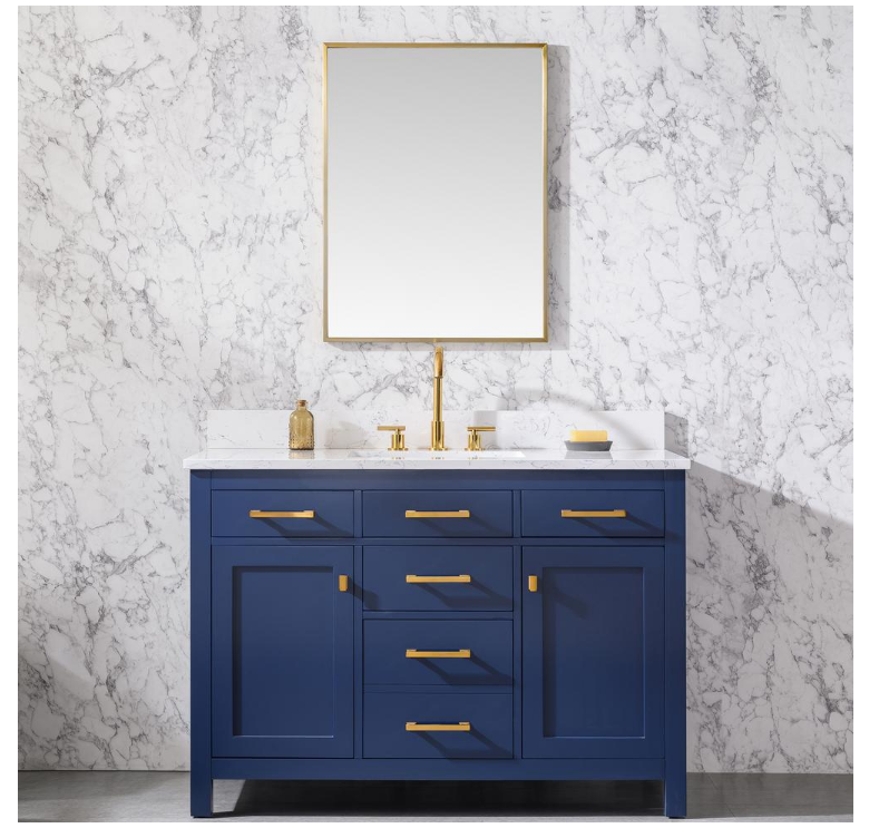 Jasper 48 in. W x 22 in. D Bath Vanity in Navy Blue with Engineered Stone Vanity in Carrara White with White Basin MRM3898