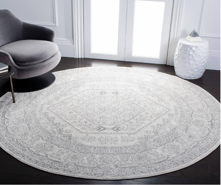 Adirondack Ivory/Silver 11 ft. x 11 ft. Border Medallion Round Area Rug