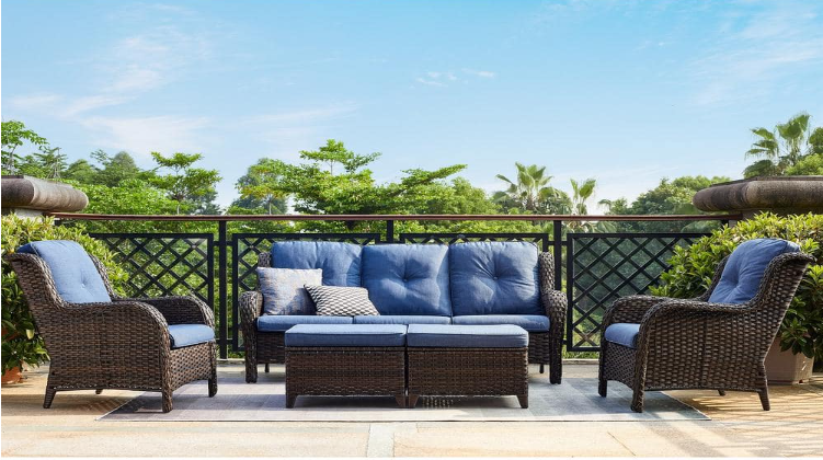 Carolina Brown Wicker Outdoor Lounge Chair with Blue Cushion (2-Pack)