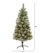 Load image into Gallery viewer, 5 ft. Pre-Lit Frosted Swiss Pine Artificial Christmas Tree with 200 Clear LED Lights and Berries

