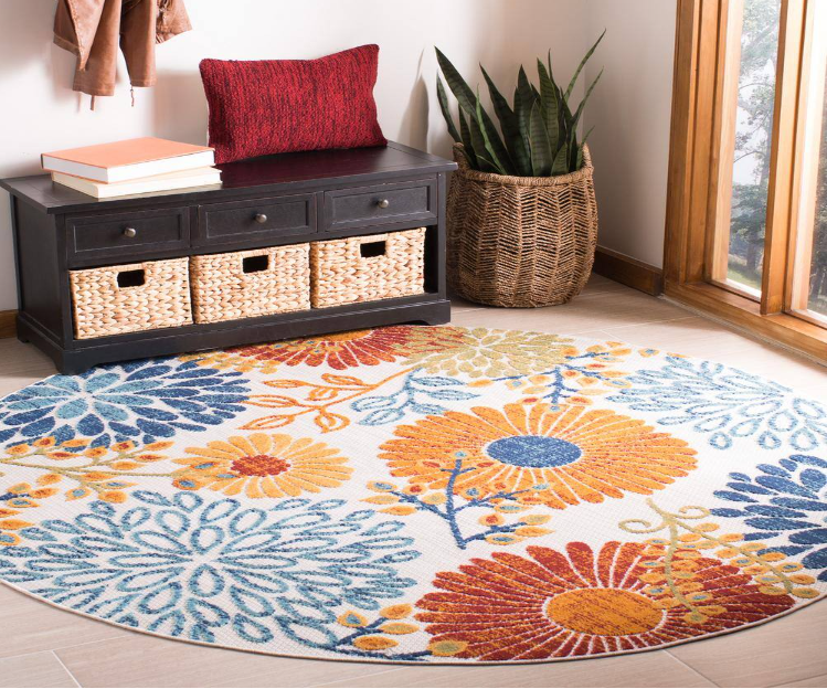 Cabana Cream/Red 8 ft. x 8 ft. Floral Leaf Indoor/Outdoor Round Area Rug