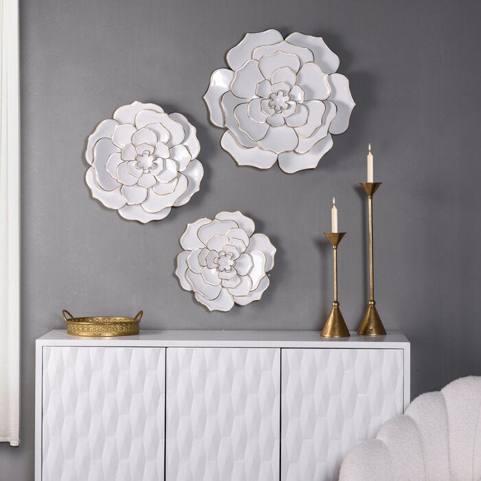 3 Piece Floral Metal Wall Décor Set of 2- White AS IS 44AH